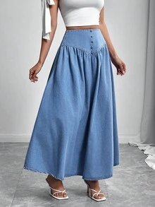 Elenzga 女式休闲高腰飘逸下摆加长牛仔裙 - 藍色 - 查看 3