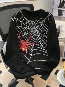 Manfinity Roghcode Men's Casual Spider Pattern Round Neck Long Sleeve Loose Knit Sweater, Autumn/Winter - Multicolor - View 1