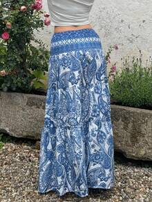 Jeta Ari Women's Bohemian Printed Skirt, Casual Daily Vacation Wear, Spring/Summer - Blue - View 2