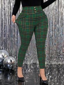 SHEIN Clasi 大码时尚格子高腰紧身裤 - 綠色 - 查看 6