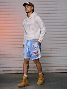 Pantalones cortos con cordón estampados de estilo casual y urbano de hip hop para hombres AXEPEAK - Celeste - Ver 4