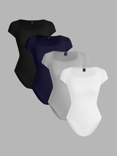 SHEIN EZwear 4pcs Women's Crew Neck Short Sleeve Bodysuit, Multicolor, Suitable For Summer