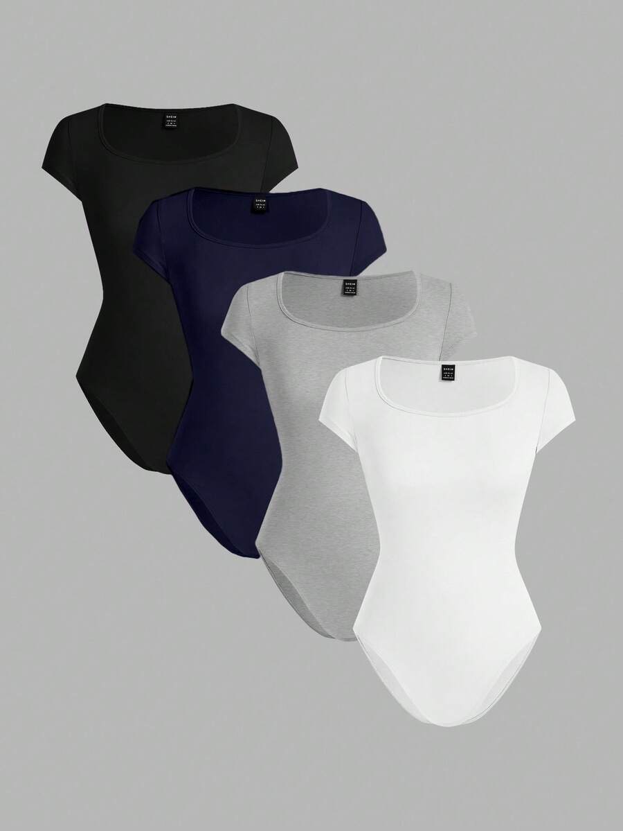 SHEIN EZwear Bộ 4 áo liền quần cổ tròn tay ngắn cho nữ, nhiều màu, thích hợp cho mùa hè - Nhiều màu - Xem 1