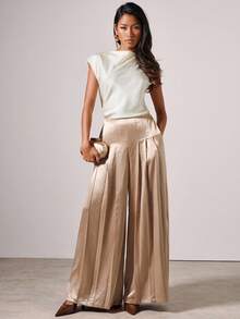 COSMINA Women's Elegant Loose Pleated Long Straight Pants, Autumn/Winter - Khaki - View 3