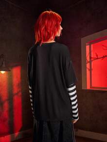 ANNABELLE x SHEIN Women's Horror Figure Graphic Round Neck Long Sleeve T-Shirt - Black - View 2