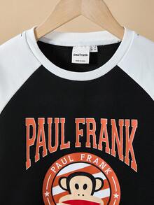 Paul Frank X SHEIN Tween Boy Retro Collegiate Letter & Cartoon Graphic Color Block Crew Neck Raglan Sleeve Sweatshirt And Sweatpants Set, Autumn/Winter - Black and White - View 6