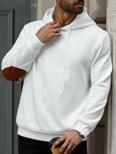 Manfinity Homme Plus Size Men's Textured Solid Color Casual Hoodie, White Textured Hooded Sweatshirt, Men's White Hoodie, White Hoodie For Men, Casual Men's Hoodie
