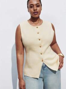 Maija Plus Size Women's Casual Solid Color Front Button Sleeveless Knit Top, Business Casual Urban Commuter Office Wear, Teacher Sweater Vest Cardigan Fall Autumn Back To School Homecoming Modest Vintage Women Old Money Teacher Romantic, Fashion, Versatile; Comfortable, Stylish, Elegant, Casual, Simple Daily Wear