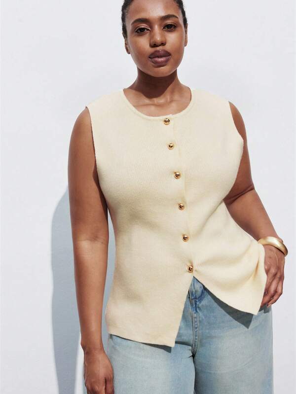 Maija Plus Size Women's Casual Solid Color Front Button Sleeveless Knit Top, Business Casual Urban Commuter Office Wear, Teacher Sweater Vest Cardigan Fall Autumn Back To School Homecoming Modest Vintage Women Old Money Teacher Romantic, Fashion, Versatile; Comfortable, Stylish, Elegant, Casual, Simple Daily Wear