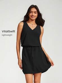 GLOWMODE VitalSwift Rhythm V領連衣裙，可調節束繩，快乾輕盈，適合低影響GYM日常夏季休閒 - 黑色 - 查看 1