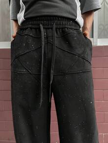 PAVTROS Manfinity Streetrush Men's Suede Fleece Straight-Leg Sweatpants,Glitter Accents Black Baggy Grunge Sweats Streetwear,Winter,Black And White,City Break - Black - View 4