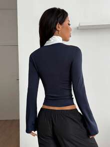 Coolane Women's Fall/Winter Streetwear Sport Going Out Stretchy High Neck Long Sleeve Football Soccer Bustier White And Dark Blue Coat,