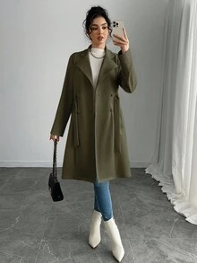 Rafferiza 女式纯色仿麂皮双排扣侧袋常规夹克 - 軍綠色 - 查看 5