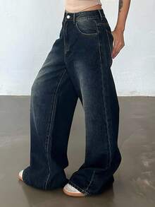 DAZY 女式宽松直筒休闲牛仔裤 - 中等水洗藍 - 查看 2