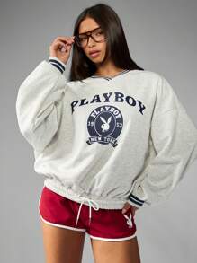 Missguided x Playboy 复古大学风格纽约图案印花运动衫，腰部抽绳，莱特曼学院风秋冬时尚弹性下摆 - 淺灰色 - 查看 5