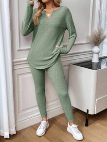 SHEIN LUNE 2 件套女士长袖 T 恤和紧身裤，毛绒罗纹粉色套装，秋冬 - 薄荷綠 - 查看 8