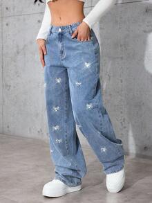 SHEIN Tall 女式低腰蝴蝶刺绣水钻水洗直筒宽松牛仔裤 - 中等水洗藍 - 查看 3