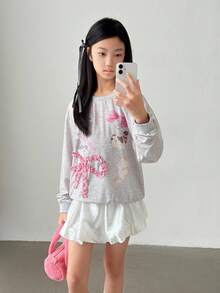 青少年女孩卡通猫咪印花圆领长袖休闲运动衫 - 彩色 - 查看 5