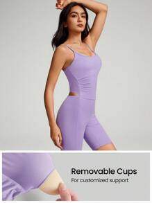 GLOWMODE 6" FeatherFit™ Peekaboo Pleated Adjustable Romper Bodysuit With Built-In Underwear Light Support Low Impact Yoga Pilates Studio Summer - Mauve Purple - View 4