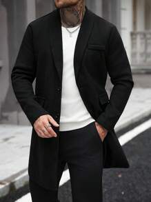 Manfinity CasualCool Klassischer Regular Fit Kniemantel in einfachem Schwarz für Herren, langärmelig, formeller Stil, eleganter schwarzer Mantel, Business Lässig Herren Winter Schwarzer Mantel, Herbst