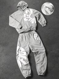 PAVTROS Conjunto de Moletom com Capuz de Manga Longa com Estampa de Letra e Calça com Cordão na Cintura, Roupas de Outono
