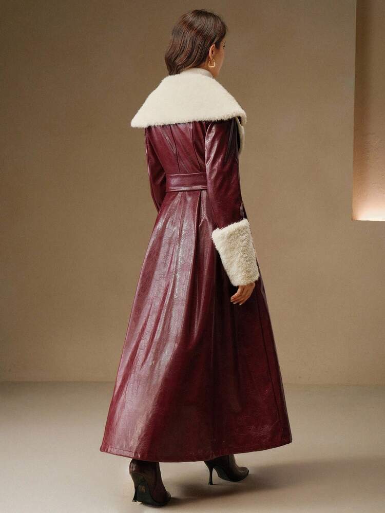 Elegant High-Waisted Faux Fur Long Coat, Suitable For Autumn, Fall, Winter, Going Out, Elegant, Formal, Party, Chic, New Year, Christmas, Graduation, Wedding, Burgundy