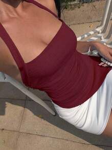 SHEIN Unity Women's Summer Casual Vacation Chiffon Fabric Asymmetrical Hem Slit Spaghetti Strap Bowknot Camisole - Burgundy - View 6