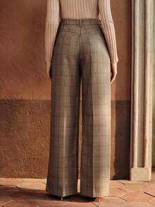 Anewsta 复古都市格子高腰直筒百搭喇叭裤女士西装裤 - 軍綠色 - 查看 2