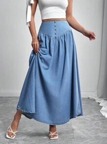 Elenzga 女式休闲高腰飘逸下摆加长牛仔裙 - 藍色 - 查看 8