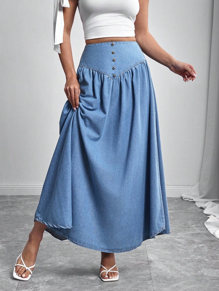 Elenzga 女式休闲高腰飘逸下摆加长牛仔裙 - 藍色 - 查看 8