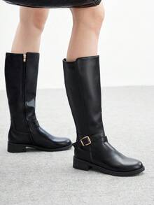 CUCCOO BIZCHIC Women's Round Toe New Flat Thick Sole Black Side Zipper Knee-High Boots, Versatile Daily Commute Flat Tall Boots For Christmas - Black - View 2