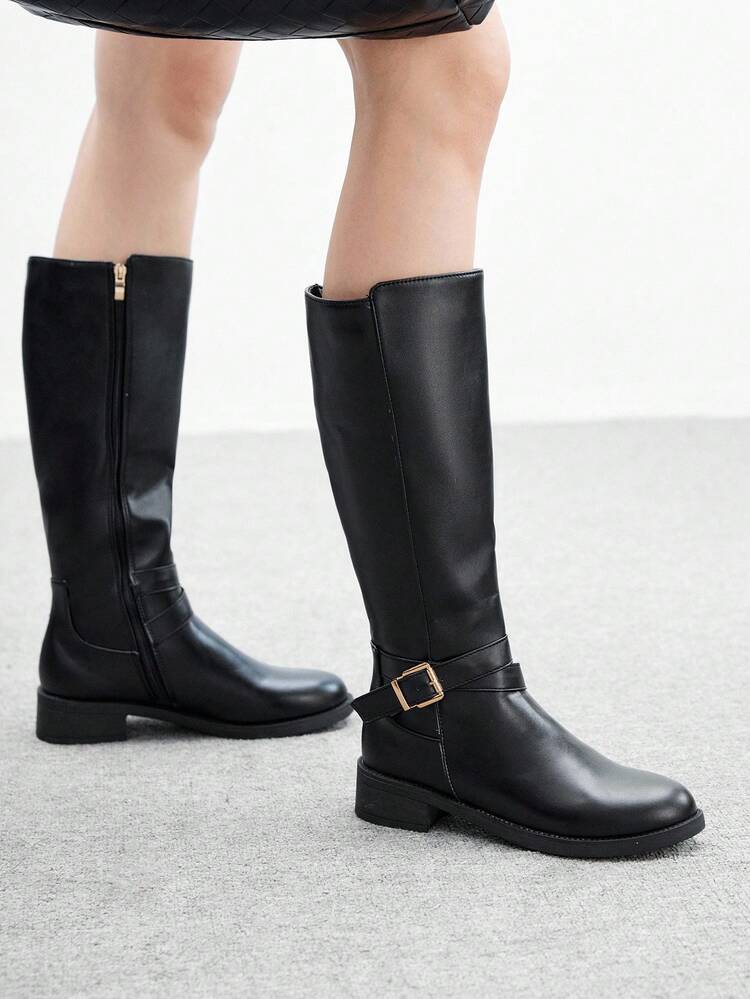 CUCCOO BIZCHIC Women's Round Toe New Flat Thick Sole Black Side Zipper Knee-High Boots, Versatile Daily Commute Flat Tall Boots For Christmas Spring Shoes