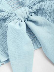 Sweetra Bộ 2 món áo crop top xoắn màu trơn và quần short cạp chun bằng túi giấy, bó sát - Màu xanh nhạt - Xem 5