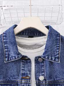 SHEIN 少女 Y2K 街头平口袋短款牛仔夹克，女孩时尚秋冬单品 - 中等水洗藍 - 查看 4