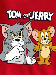 TOM & JERRY X SHEIN Young Boy Casual Cartoon Cat & Letter Print Hooded Sweatshirt, Autumn - Red - View 2