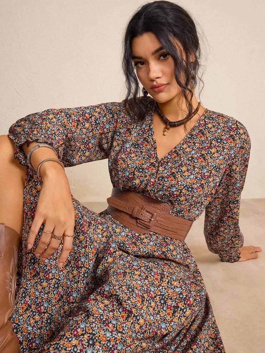 SHEIN LUNE Quần áo thu cỡ lớn in họa tiết da báo xếp ly tay dài/Váy thu/Trang phục nữ thu Váy dự tiệc cưới mùa thu Váy thanh lịch cho phụ nữ Váy công sở thường ngày cho phụ nữ đi làm Váy công sở - Nhiều màu - Xem 1