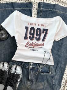 Attitoon 女式休闲简约数字图案腰部褶皱露肩紧身短袖白色 T 恤，适合夏季返校季 - 白色 - 查看 7