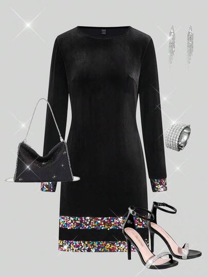 Ellevyn Women's Crew Neck Knit Elastic Long Sleeve Velvet Sequin Embellished Elegant Everyday Casual Party Mini Dress, Autumn/Winter