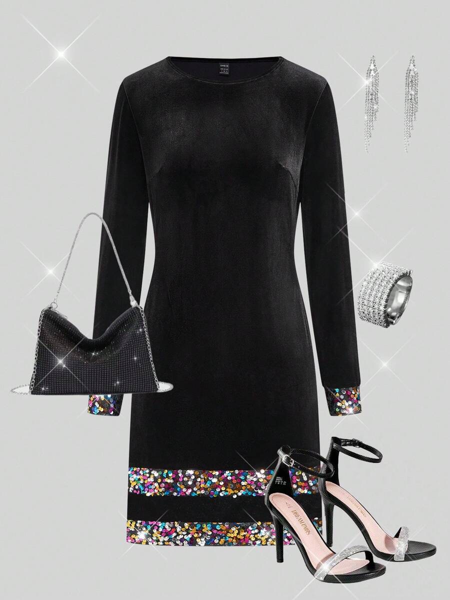 Ellevyn 女式圆领针织弹力长袖天鹅绒亮片装饰优雅日常休闲派对迷你连衣裙，秋冬 - 彩色 - 查看 1