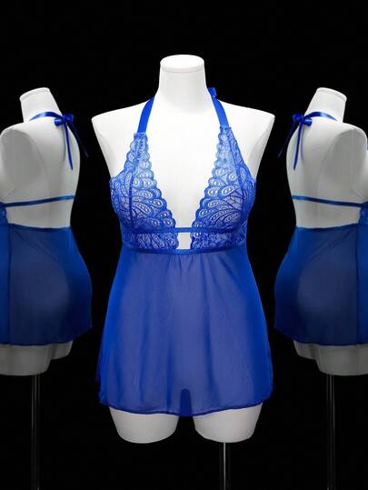 SHEIN 大码女式深V领性感蕾丝撞色网眼吊带睡袍