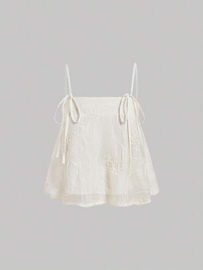 SHEIN MOD 奶油米色蕾絲網繡紋緞帶蝴蝶結肩帶背心女裝