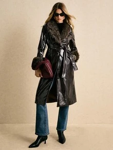 Poéselle PU Leather Trench Coat With Faux Fur Collar & Cuffs –Women's Solid Color Fur Collar Long Sleeve Mid-Length Fashionable Regular Jacket, Statement Winter Holiday Outerwear For Women ,PU Leather Trench Coat,Faux Fur Collar ,Statement Piece,Fur Coat,Teddy Coat - Chocolate Brown - View 4