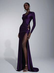 Elitara 优雅、浪漫、性感、简约、紫色、针织、串珠装饰、镂空、鱼尾下摆、时尚、节日、度假、生日派对、婚礼活动、伴娘礼服 - 紫色 - 查看 5