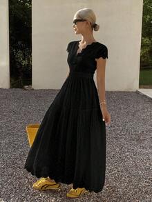 DAZY Đầm trắng thanh lịch cổ chữ V tay ngắn ôm eo bằng ren dành cho nữ, đầm hè. - màu đen - Xem 5