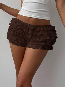 Aloruh Women's Lace Trim Mesh Multi-Layer Ruffle Hem Cake Shorts, Fashionable Contrast Color For Music Festival, Spring/Summer - Brown - View 3