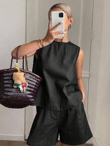 Livesso 女式深水洗蓝色圆领露背无袖宽松牛仔上衣和短裤两件套 - 黑色 - 查看 5