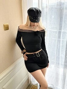 Ardnt Two Piece Set Black French Retro Collegiate Punk Off Shoulder Metallic Floral Long Sleeve Top & Mini Skirt Black Skirt Set Short Skirt Set Women Crop Top Set Y2K Fall Halloween Costume Party Gothic Punk - Black - View 4