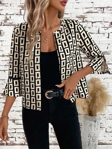 SHEIN Clasi 秋冬女式几何印花七分袖前开式休闲轻便夹克 - 彩色 - 查看 3