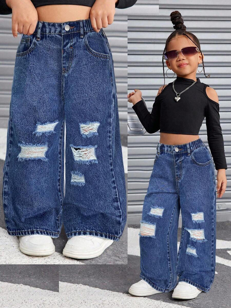 SHEIN 年轻女孩 Y2K 休闲蓝色破洞宽松牛仔裤，女童春夏休闲度假流浪汉牛仔裤 - 深色水洗藍 - 查看 1