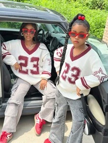 SHEIN 少女休闲舒适数字图案V领宽松针织衫，秋冬毛衣，数字图案毛衣，学院风母女装（两件分开出售），Y2K秋季棒球衫